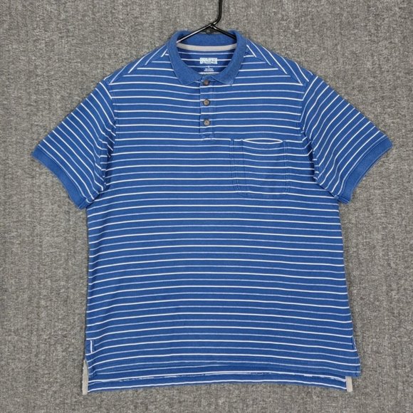 Duluth Trading Co Polo Shirt Mens L Blue Short Sleeve Striped Pocket Side Gusset - Picture 1 of 11